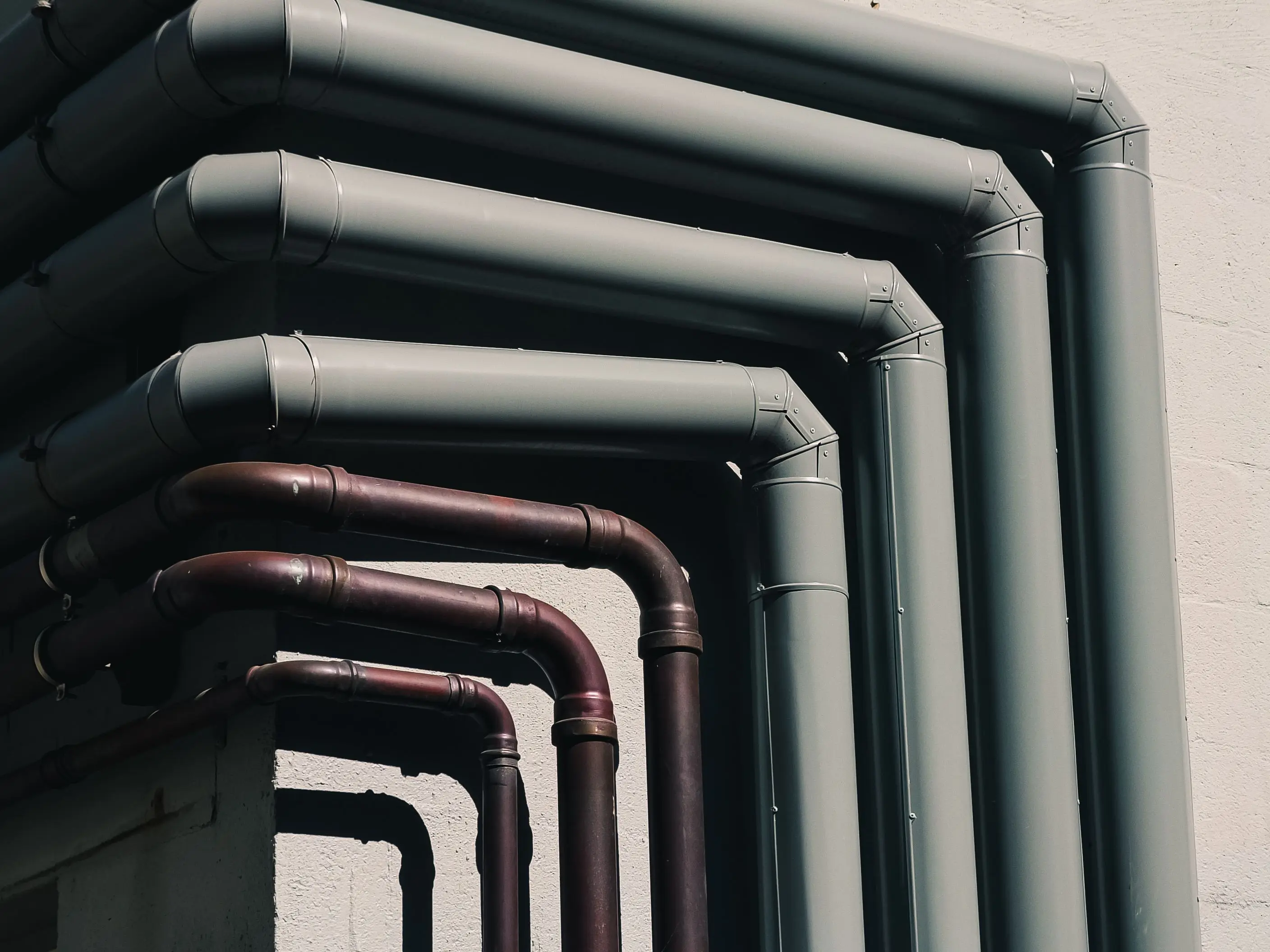 Close view of metal and copper trade pipes